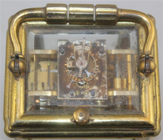 A late 19th century French Drocourt & Co brass hour repeating carriage clock, 4.25in.